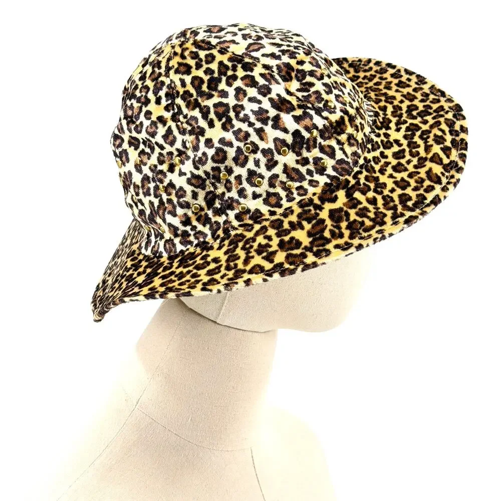 Vintage 90s Leopard Velvet Gold Studded Wire Brim Bucket Hat - Picture 3 of 9